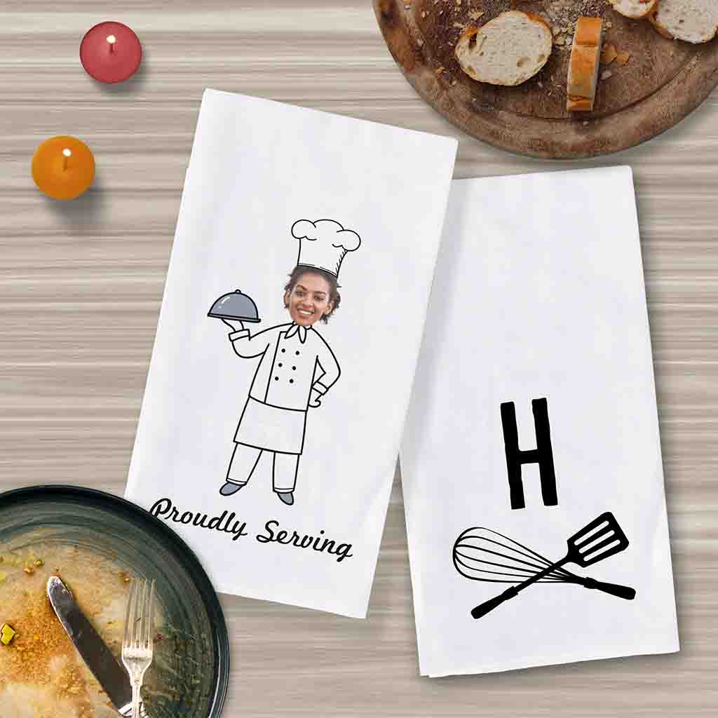 Proudly serving digitally printed humorous kitchen dish towel set for the cook with your photo and personalized with your monogram initial.