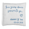 Two year anniversary design digitally printed with your names and date with ink color of your choice on accent throw pillow cover.