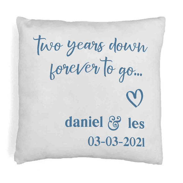 Two year anniversary design digitally printed with your names and date with ink color of your choice on accent throw pillow cover.