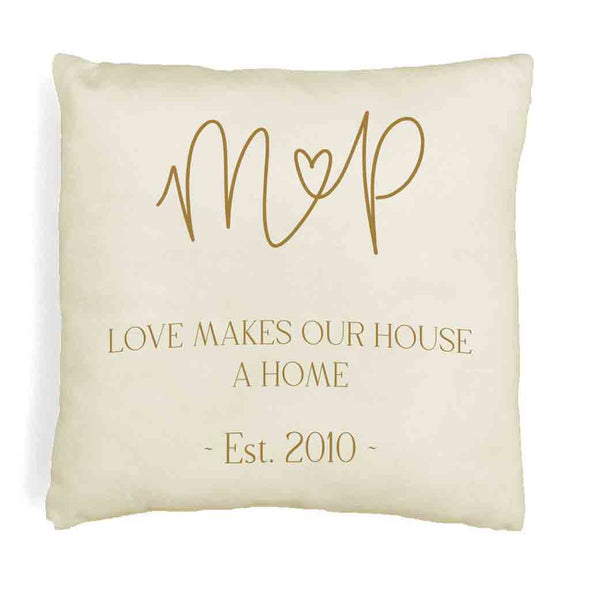 Your initials and established date with love makes our house a home design printed on throw pillow cover.