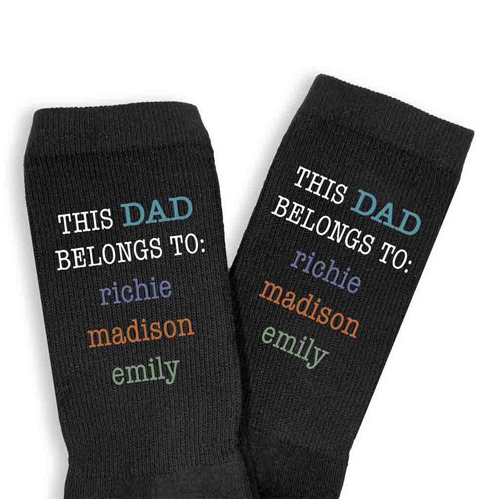 This Dad belongs to and his kids names digitally printed on the side of the socks.