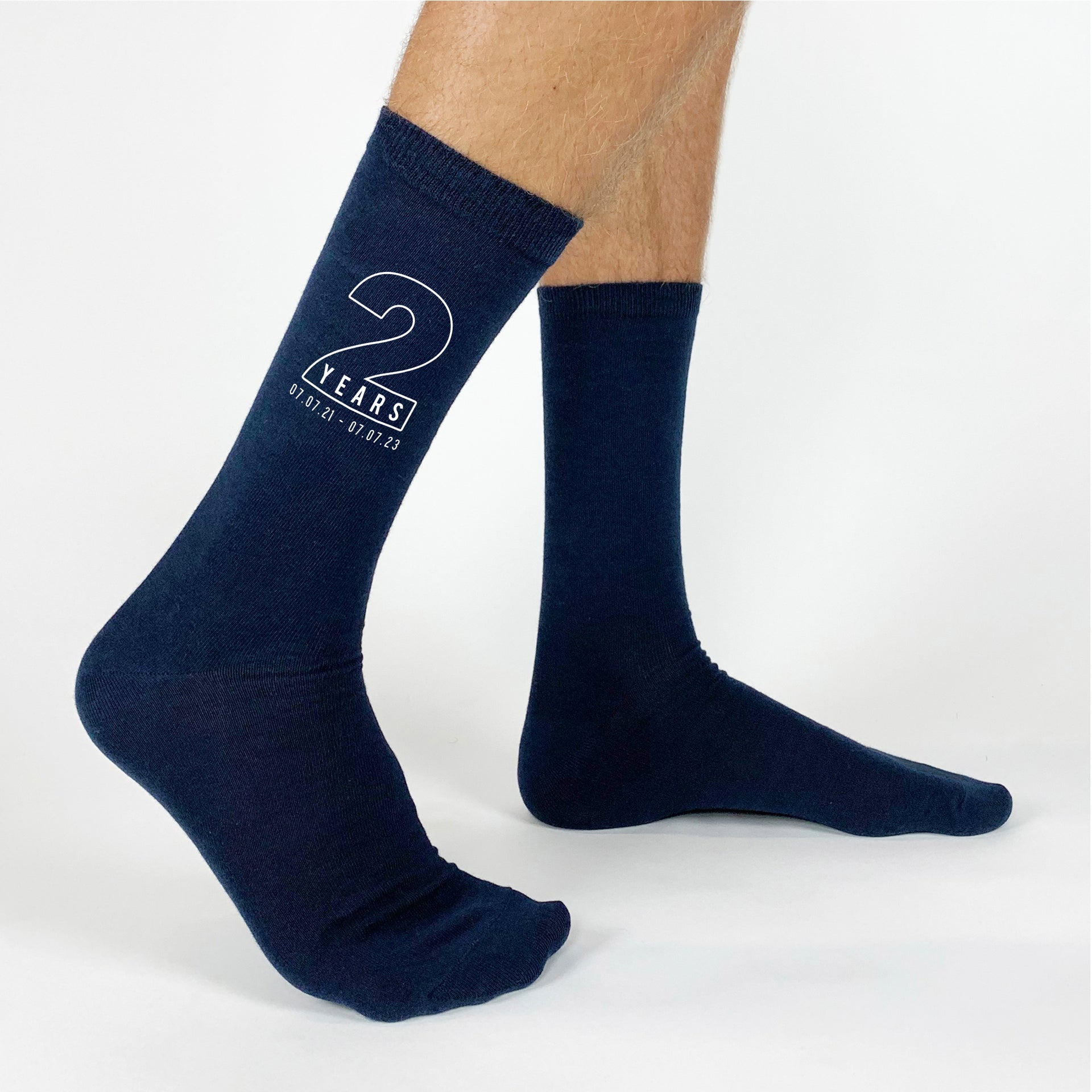 Two year anniversary digitally printed two and personalized with your wedding date printed on cotton socks.