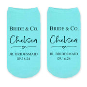 Bride and Co tiffany inspired design custom printed on cotton turquoise no show socks with your name, date, and role make a great gift for the entire bridal party.