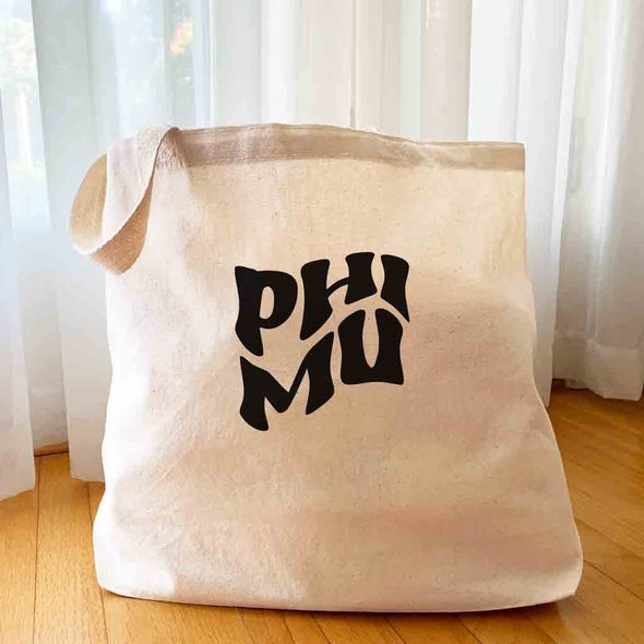 Phi Mu digitally printed simple mod design on roomy canvas sorority tote bag.