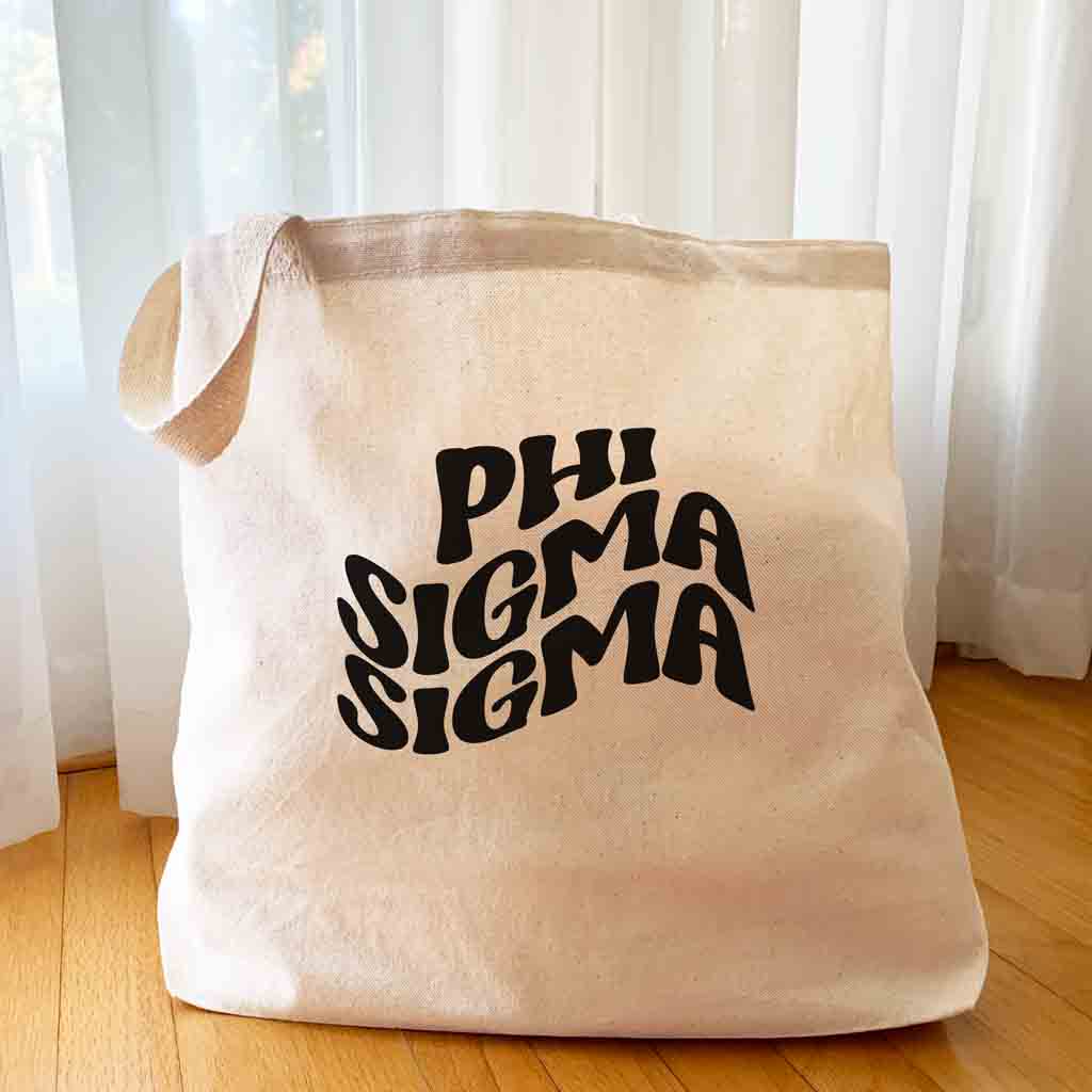 Phi Sigma Sigma digitally printed simple mod design on roomy canvas sorority tote bag.