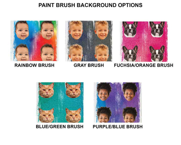 We offer several options in the paint brush background design for these custom printed and personalized face socks with your own photo face cropped and digitally printed on cotton crew socks.