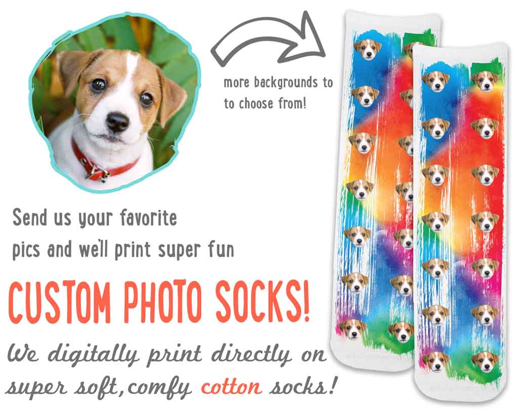 Custom photos socks digitally printed with your dogs face all over the cotton crew socks make a great gift.
