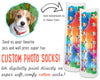 Custom photos socks digitally printed with your dogs face all over the cotton crew socks make a great gift.
