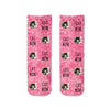 Cat mom design custom printed with pink speckle background and personalized using your own photo face on short cotton crew socks makes a great way to show support for breast cancer awareness.