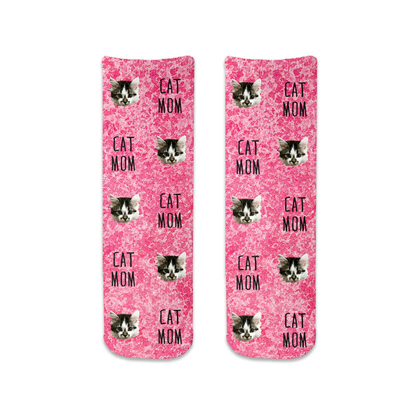 Cat mom design custom printed with pink speckle background and personalized using your own photo face on short cotton crew socks makes a great way to show support for breast cancer awareness.