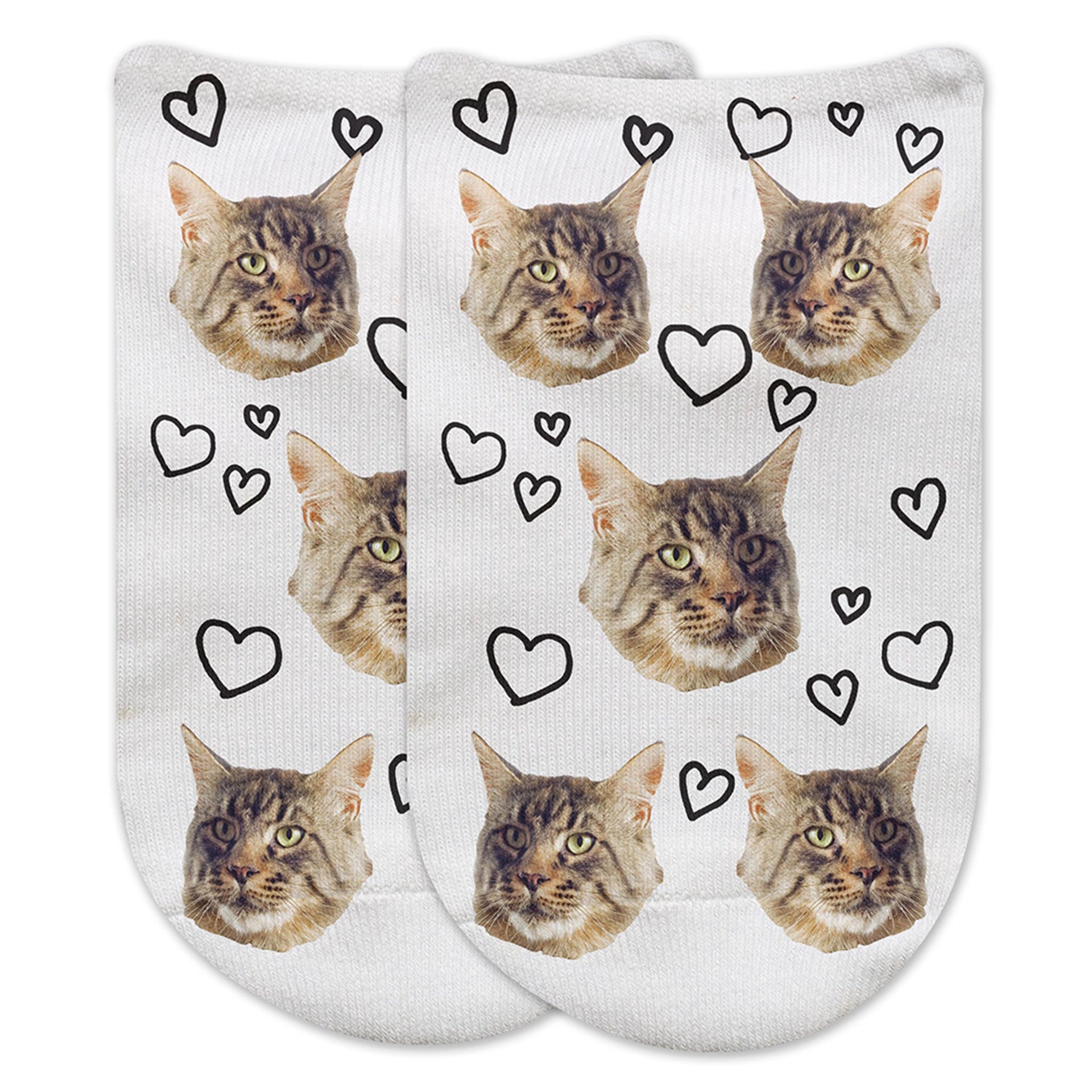 Super cute cat and dog faces custom printed with hearts design all over the top of white cotton no show footie socks.