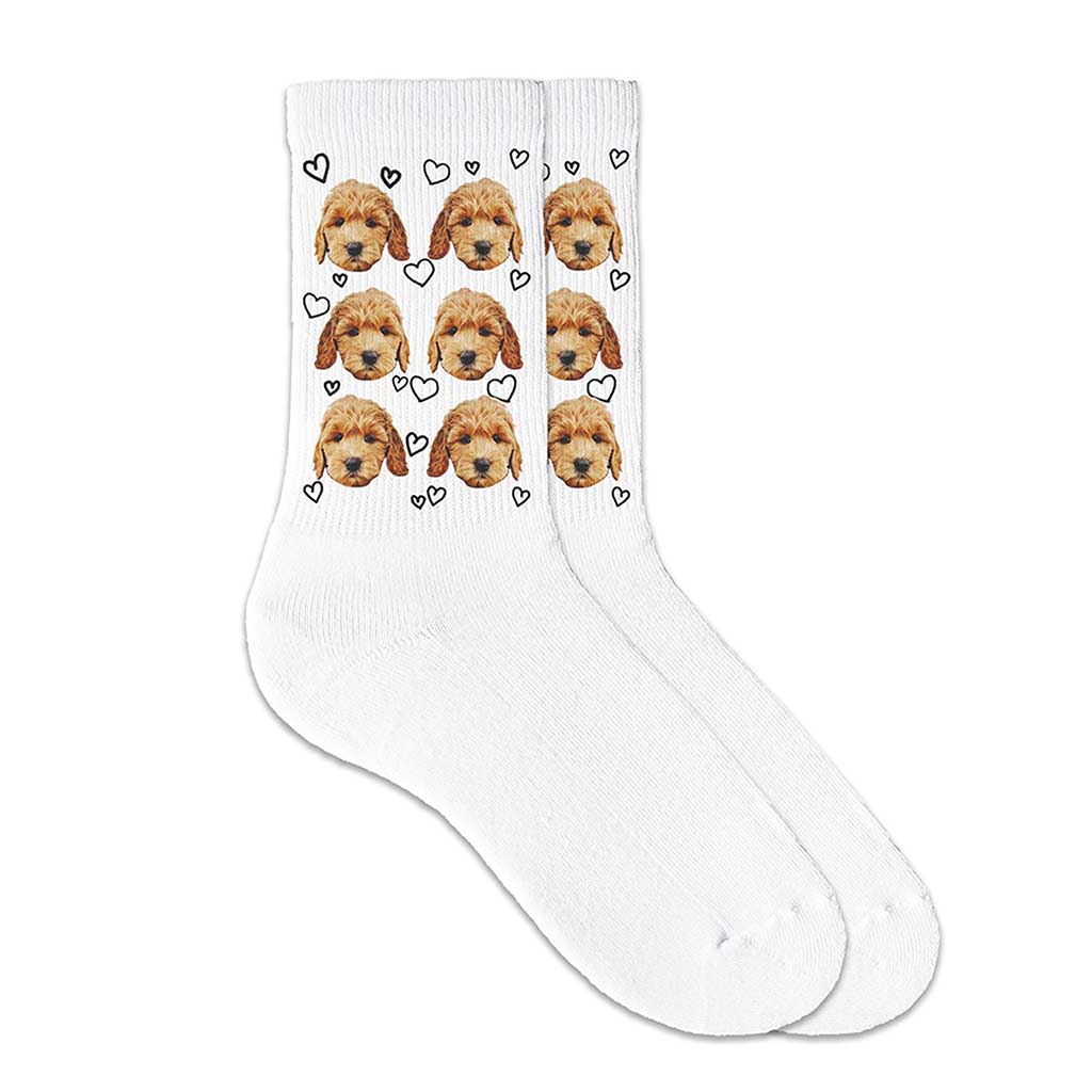 Custom printed comfy white cotton crew socks digitally printed using your own photo we crop the faces and print with all over hearts design.