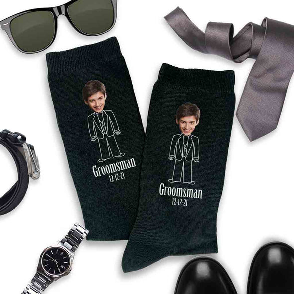 Cute wedding socks customizable with photos and wedding party role available in several colors