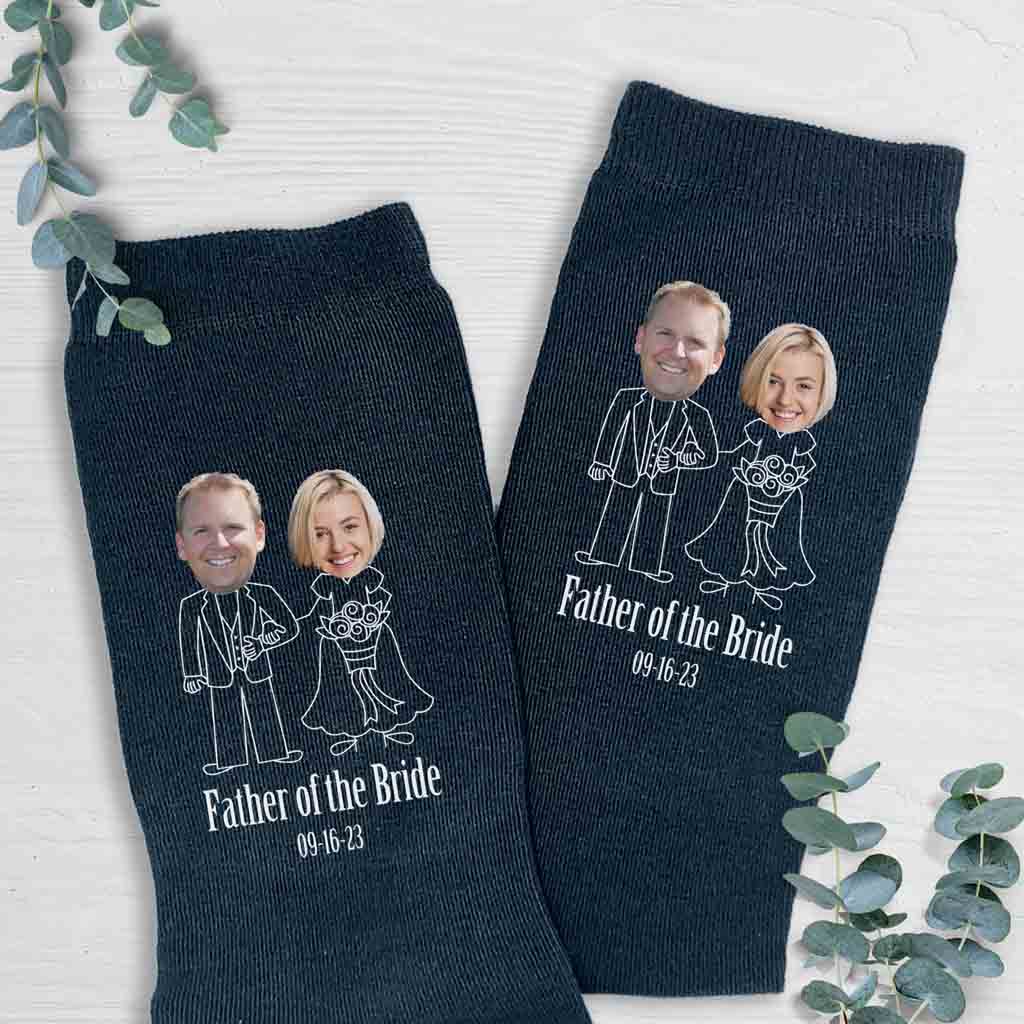 Father of the bride socks customized with your own photos and wedding date custom printed on cotton dress socks