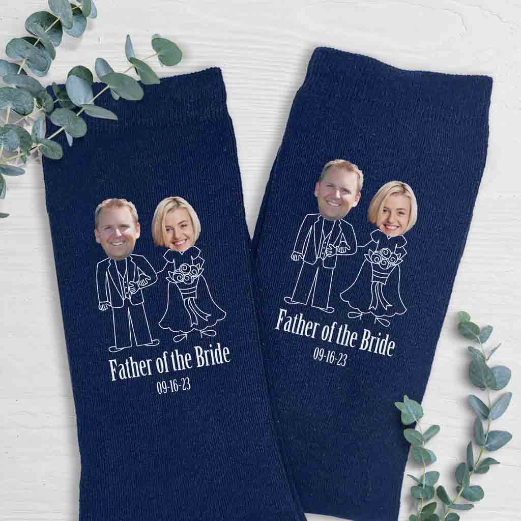 Cute father of the bride personalized photo head with wedding date custom printed on cotton dress socks