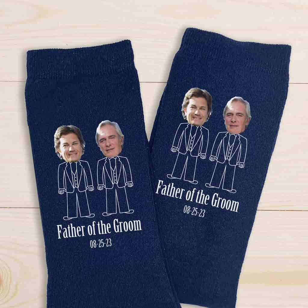 Wedding socks customized specially for the father of the groom printed with your photo, wedding date, and father of the groom on cotton dress socks