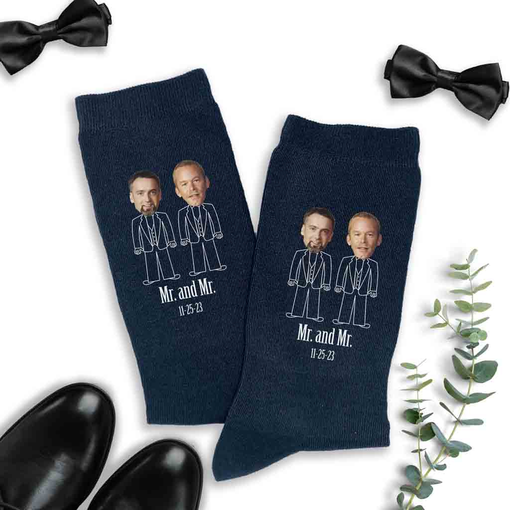 Fun wedding gift customized with your own photos printed with wedding date on cotton dress socks