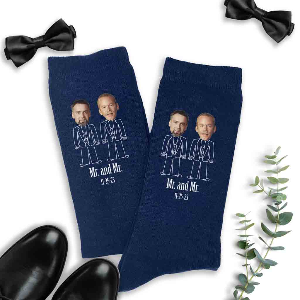 Cute Mr. & Mr. custom printed with your photos and wedding date on cotton dress socks