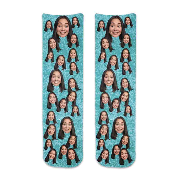 Custom printed cotton crew socks using your photo face cropped and all over design on blue speckle background is a cute gift idea.