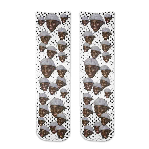 Funny photo collage using your personalized photo cropped face digitally printed on black dot grunge design on cotton crew socks.