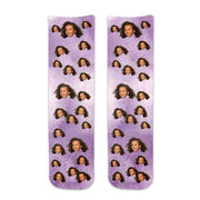 Custom printed photo collage using your photo with face cropped and digitally printed on purple wash background of cotton crew socks.