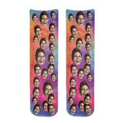 Custom printed cotton crew socks personalized with your photo we crop the face and print all over the rainbow background design.