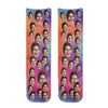 Custom printed cotton crew socks personalized with your photo we crop the face and print all over the rainbow background design.