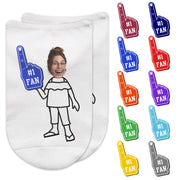 #1 fan foam finger design with cropped photo face on clothing character image you select digitally printed on white cotton no show socks.
