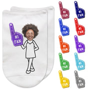 Custom printed #1 fan foam finger design custom printed in ink on the top of white cotton no show socks personalized with your photo face.