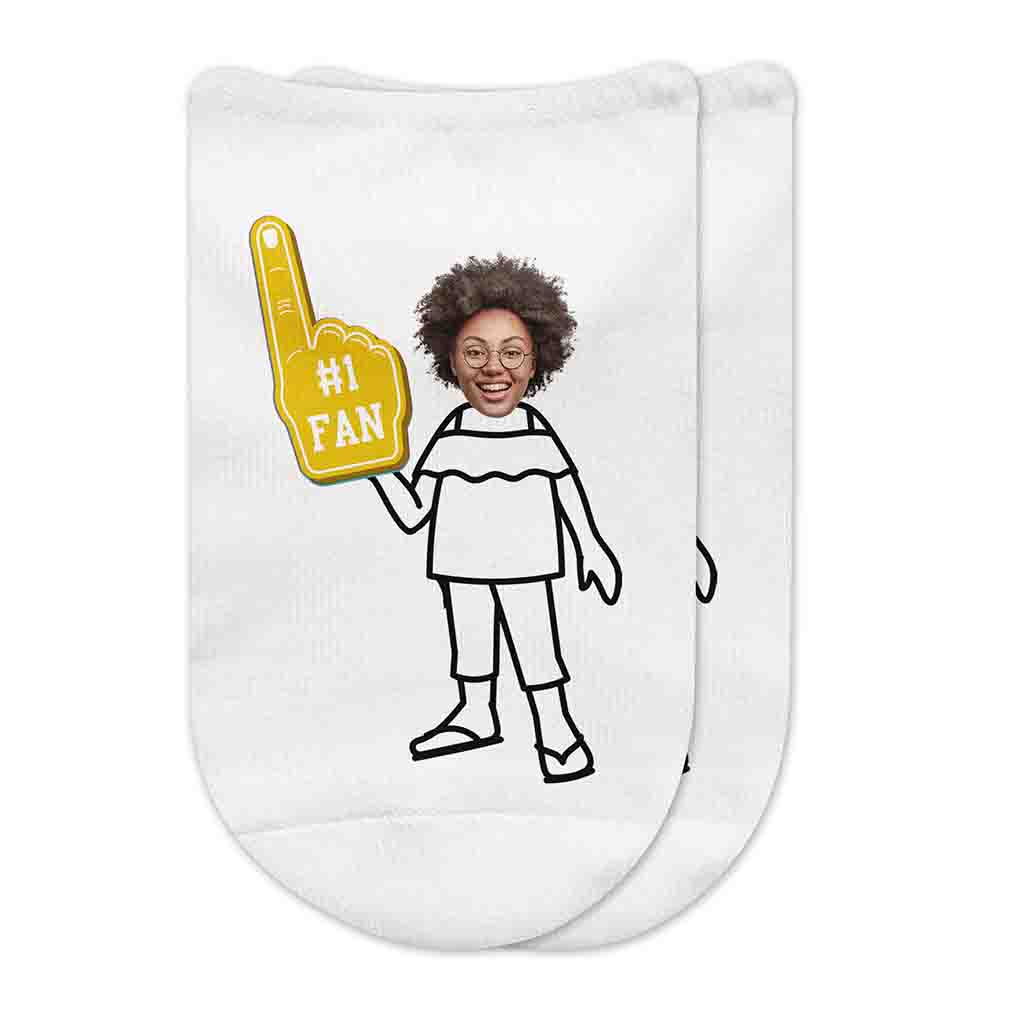 #1 fan in gold color personalized with your photo face and selected body style on white no show socks.