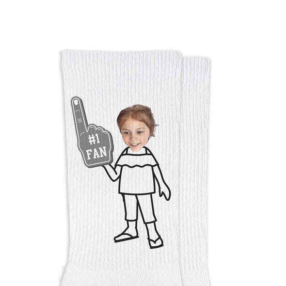 Custom printed #1 fan foam finger design with your photo face on the sides of rib knit crew socks.