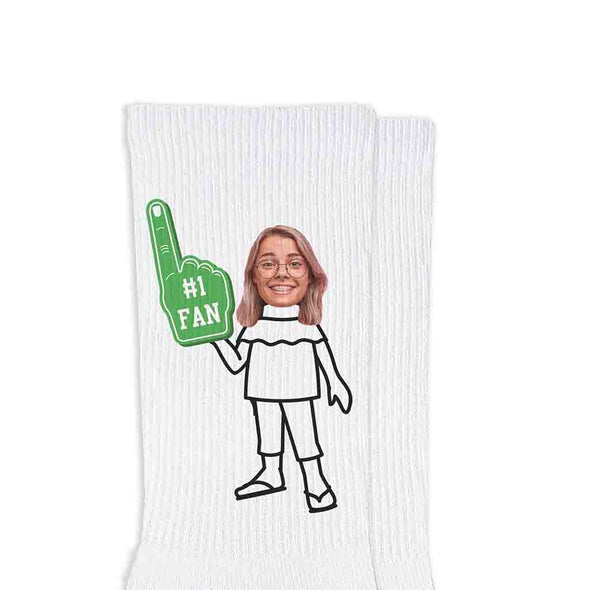 Green #1 fan foam finger design custom printed with your photo face on the sides of rib knit crew socks.