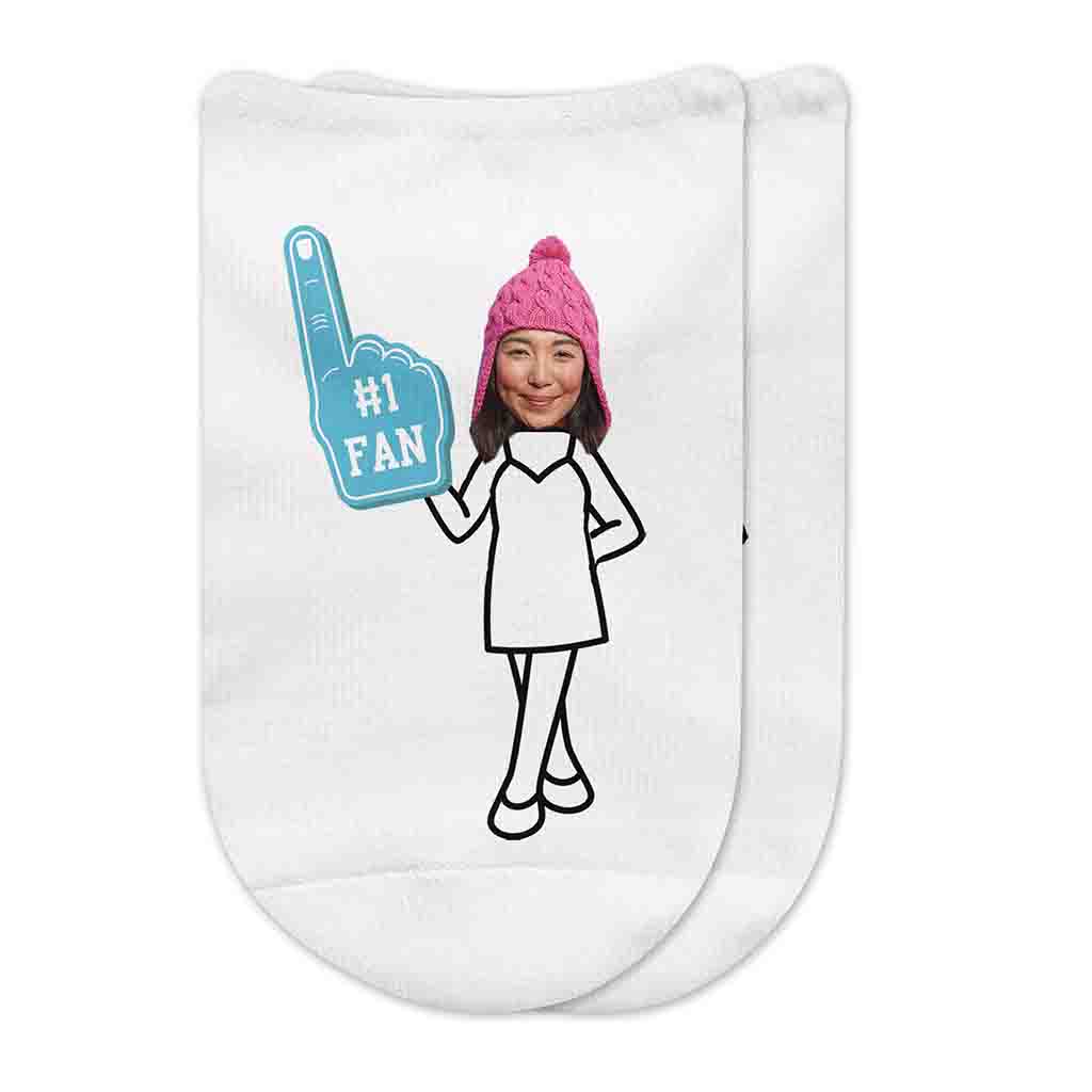Cute #1 fan in light blue personalized with your photo face and selected body style printed on white no show socks.
