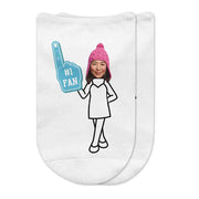 Cute #1 fan in light blue personalized with your photo face and selected body style printed on white no show socks.