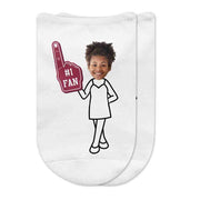 Fun #1 fan foam finger in maroon color personalized with photo face on selected body style digitally printed on white no show socks.