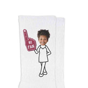 #1 fan design custom printed on the sides of each pair of rib knit crew socks personalized with your photo face and character design makes a great gift for the sports fan.
