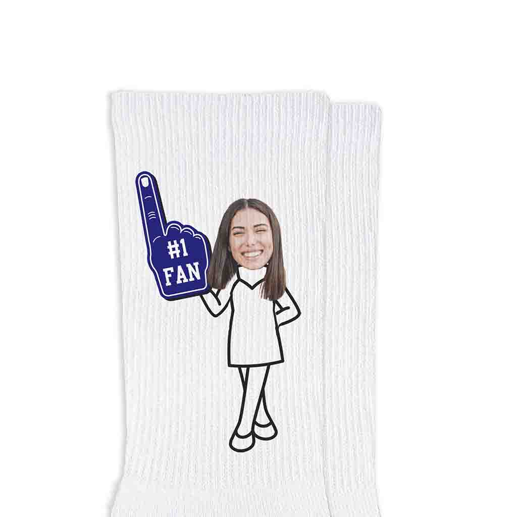 Custom printed #1 fan foam finger design with your cropped photo face on white knit crew socks.
