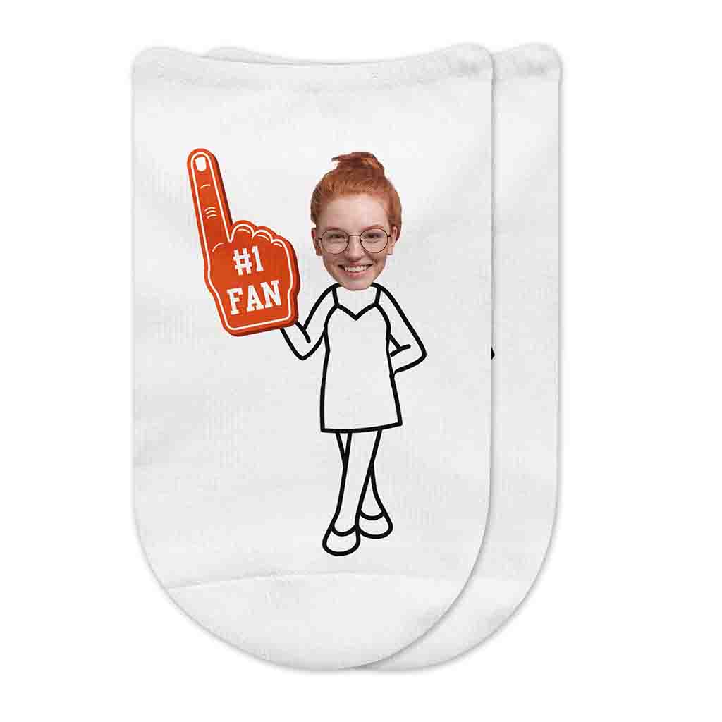 #1 fan foam finger in orange personalized photo face and selected body style on white no show socks.