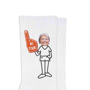 Custom printed #1 fan foam finger with photo face cropped onto body clothing image digitally printed on the sides of white cotton crew socks.