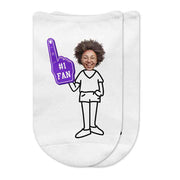 #1 fan foam finger in purple personalized with photo face and selected body style on white no show socks.