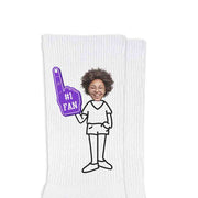 Custom printed #1 fan purple foam finger design with your photo face digitally printed on the sides of rib knit crew socks.