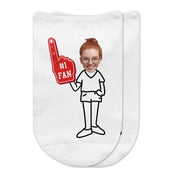 #1 fan foam finger in red personalized with photo face and selected body style on white no show socks.
