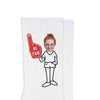 White cotton crew socks custom printed on the sides of each pair of white cotton crew socks make a great gift for any sports fan.
