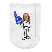 Cute #1 fan foam finger in royal blue personalized photo face on selected body style digitally printed on white no show socks.