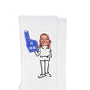 Custom printed #1 fan foam finger design with cropped photo face digitally printed on the sides of white cotton crew socks.