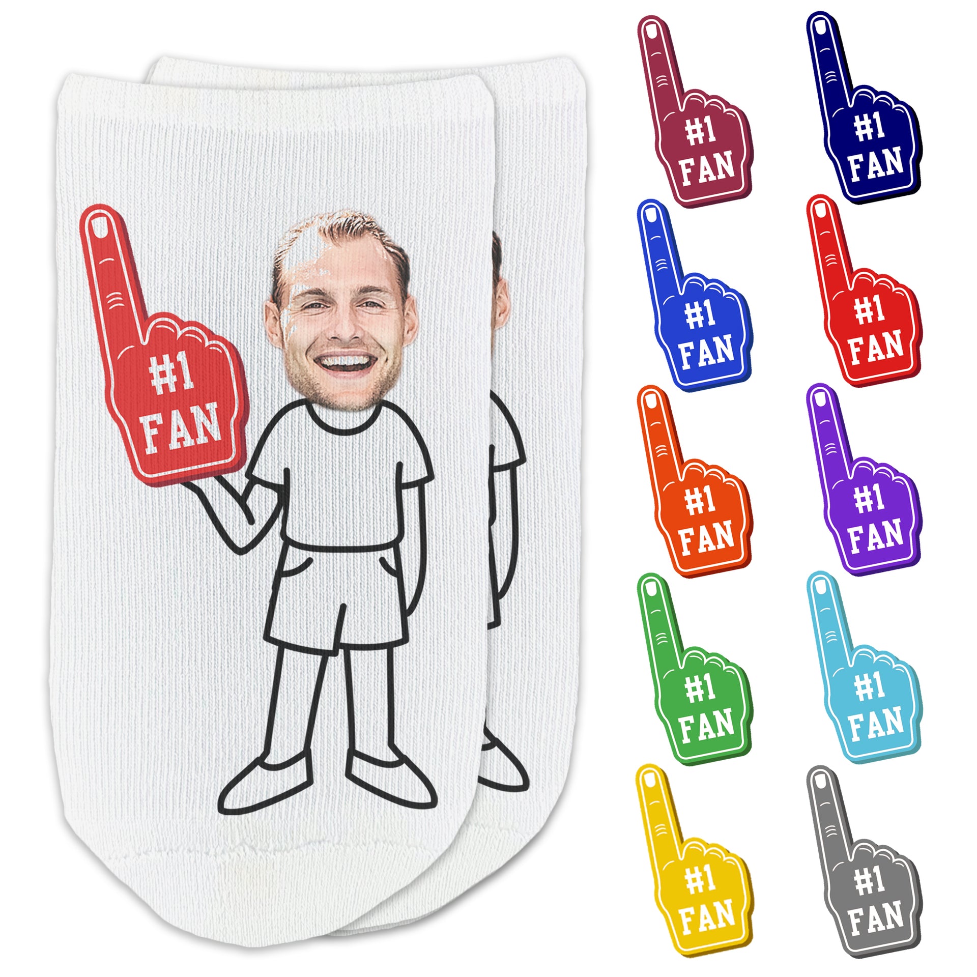 Custom printed #1 fan foam finger design with your photo face cropped onto the body clothing you select and digitally printed on the top of white cotton no show socks.