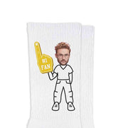 Custom printed white cotton crew socks digitally printed with your photo face cropped onto clothing character on the sides of white rib knit crew socks.