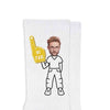 Custom printed white cotton crew socks digitally printed with your photo face cropped onto clothing character on the sides of white rib knit crew socks.