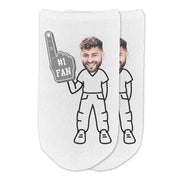 #1 fan in gray color personalized photo face with chosen body style on white no show socks.