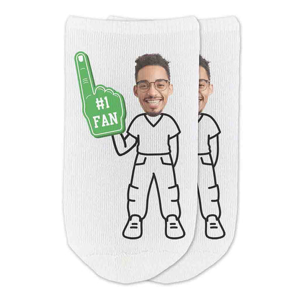 Fun #1 fan foam finger in green personalized photo face on selected body style digitally printed on white no show socks.